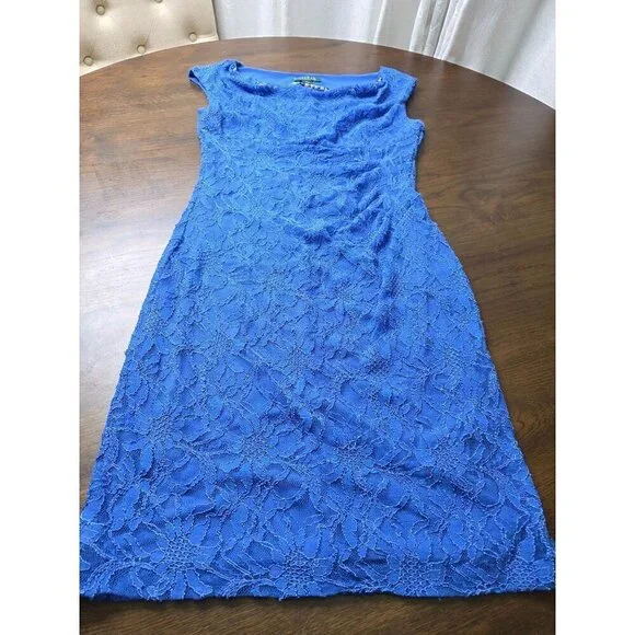 LAUREN RALPH LAUREN Womens Sheath Knee Length Dress Size 10 Navy Blue Lace - Picture 3 of 16